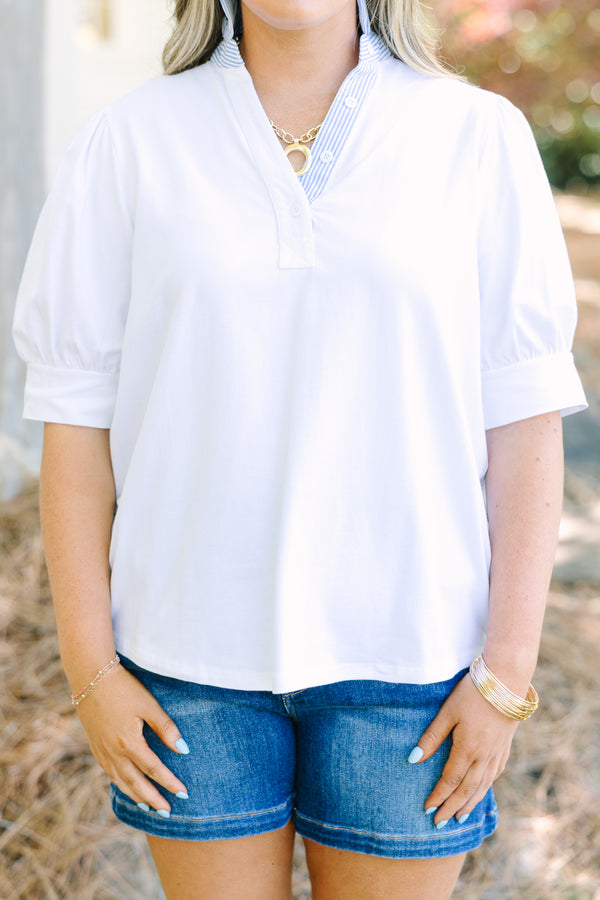 Chic Soul plus size clothing, white top with blue and white stripe contrast collar and buttons
