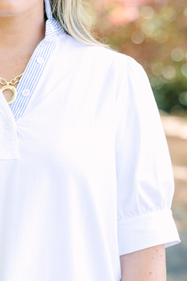 Chic Soul plus size clothing, white top with blue and white stripe contrast collar and buttons