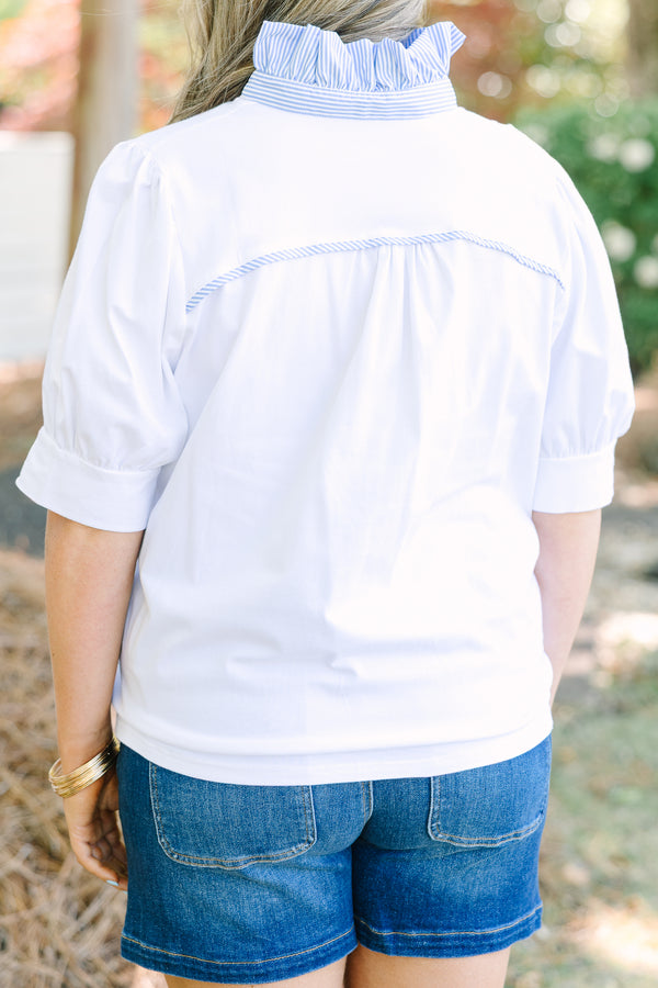 Chic Soul plus size clothing, white top with blue and white stripe contrast collar and buttons