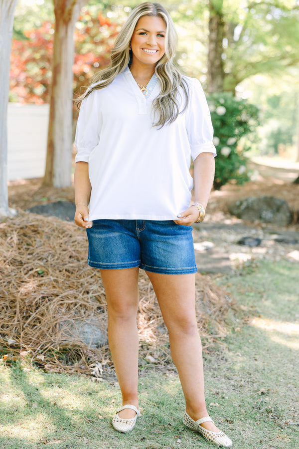 Chic Soul plus size clothing, white top with blue and white stripe contrast collar and buttons