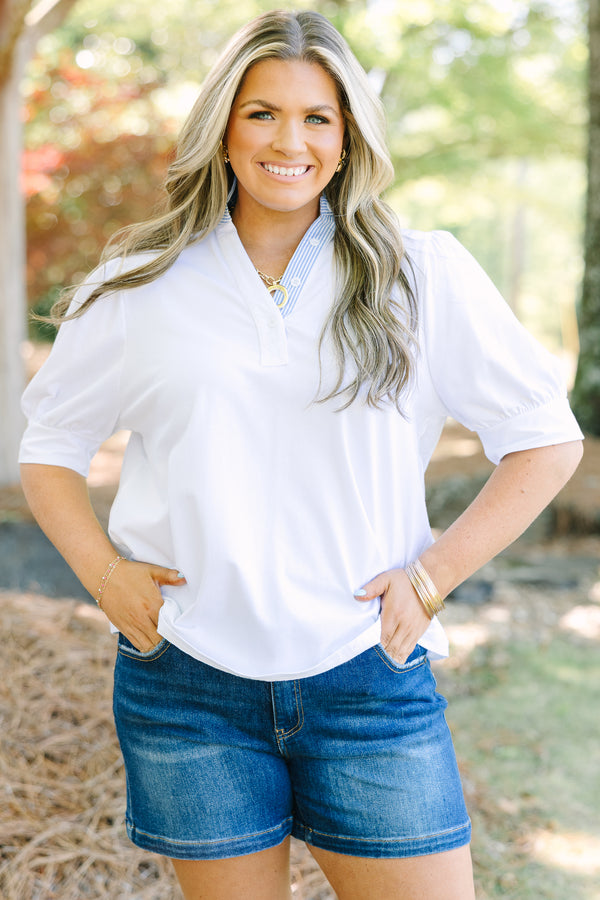 Chic Soul plus size clothing, white top with blue and white stripe contrast collar and buttons