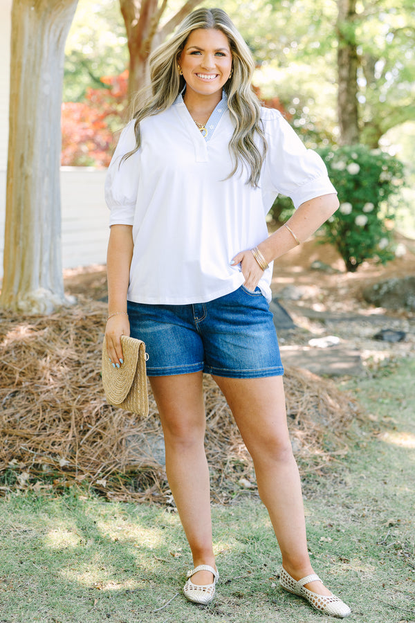 Chic Soul plus size clothing, white top with blue and white stripe contrast collar and buttons