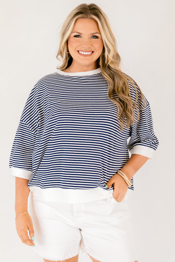 Chic Soul plus size clothing, navy striped short sleeve tee with white outlining the end of the sleeves along the neckline and on the bottom of the top 