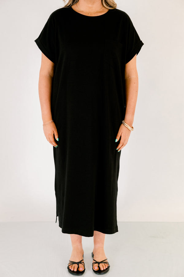 Chic Soul plus size clothing,  black casual straight fit midi dress with a slit on the sides and short sleeves 