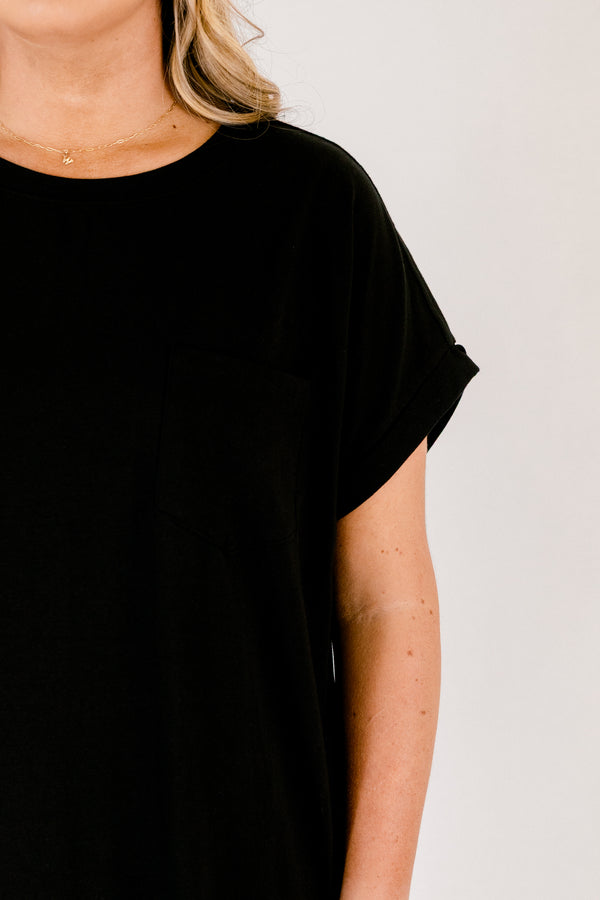 Chic Soul plus size clothing,  black casual straight fit midi dress with a slit on the sides and short sleeves 