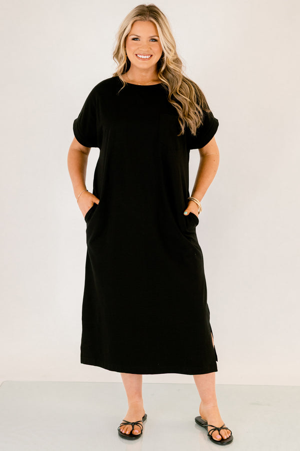 Chic Soul plus size clothing,  black casual straight fit midi dress with a slit on the sides and short sleeves 