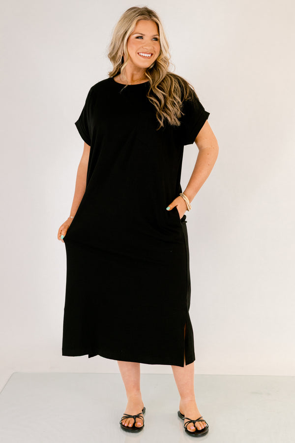 Chic Soul plus size clothing,  black casual straight fit midi dress with a slit on the sides and short sleeves 