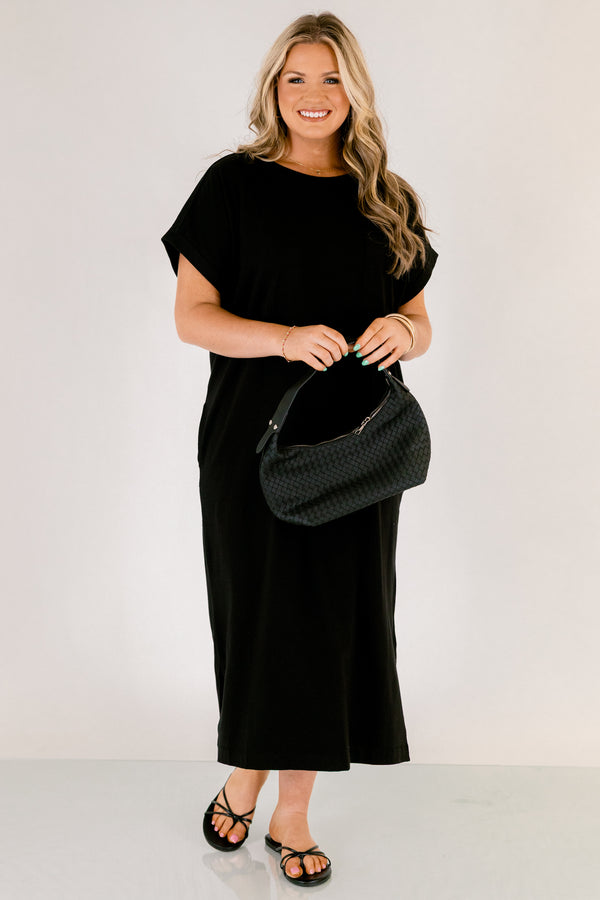 Chic Soul plus size clothing,  black casual straight fit midi dress with a slit on the sides and short sleeves 
