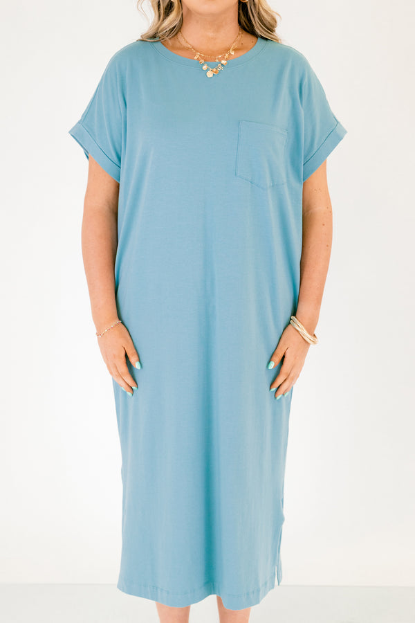 Chic Soul plus size clothing, dusty teal blue long midi dress with left breast pocket, two pockets on the side near hips and slit along the sides of the bottom of the dress