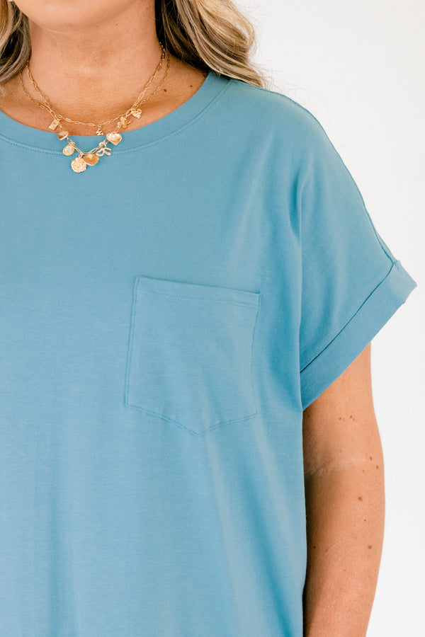 Chic Soul plus size clothing, dusty teal blue long midi dress with left breast pocket, two pockets on the side near hips and slit along the sides of the bottom of the dress