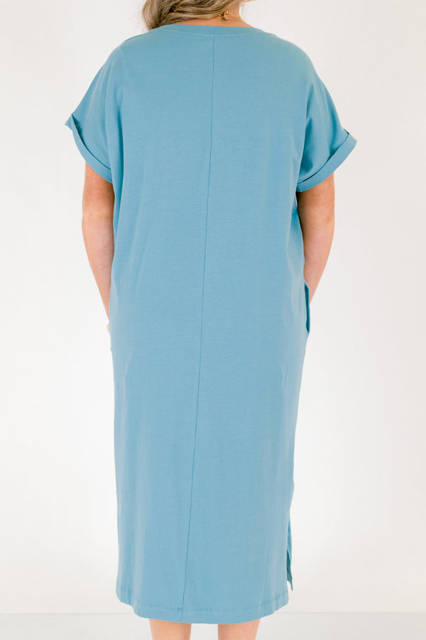 Chic Soul plus size clothing, dusty teal blue long midi dress with left breast pocket, two pockets on the side near hips and slit along the sides of the bottom of the dress