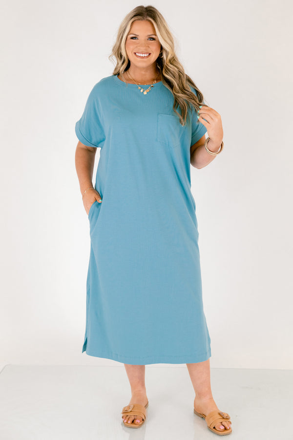 Chic Soul plus size clothing, dusty teal blue long midi dress with left breast pocket, two pockets on the side near hips and slit along the sides of the bottom of the dress