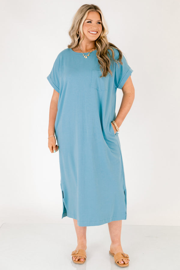 Chic Soul plus size clothing, dusty teal blue long midi dress with left breast pocket, two pockets on the side near hips and slit along the sides of the bottom of the dress