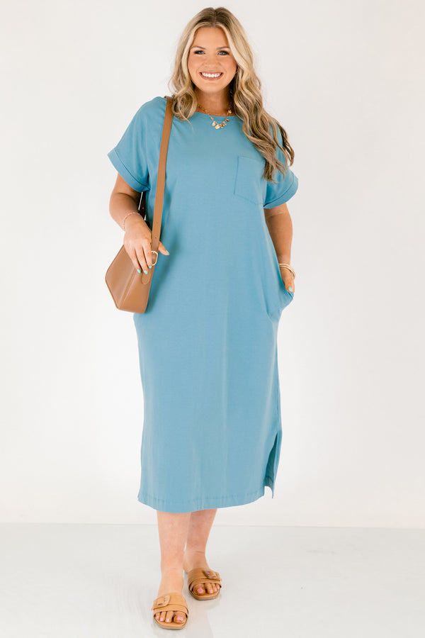 Chic Soul plus size clothing, dusty teal blue long midi dress with left breast pocket, two pockets on the side near hips and slit along the sides of the bottom of the dress