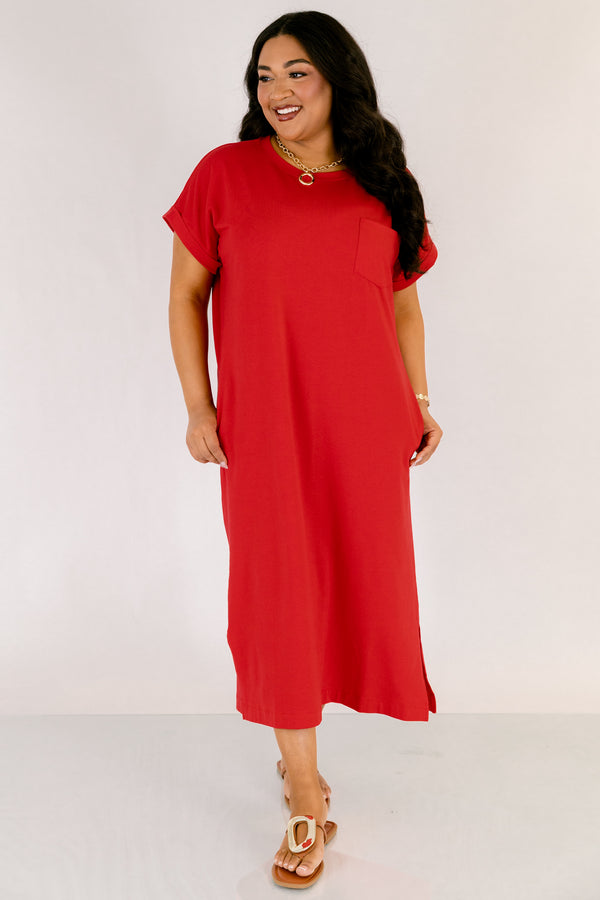 Chic Soul plus size clothing, red casual straight fit midi dress with a slit on the sides and short sleeves 
