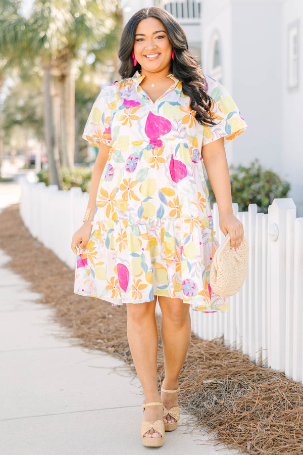Chic Soul plus size clothing, short-sleeve fruit medley multi-colored ruffled short baby doll dress with a split-v-neckline and a multi-colored fruit pattern