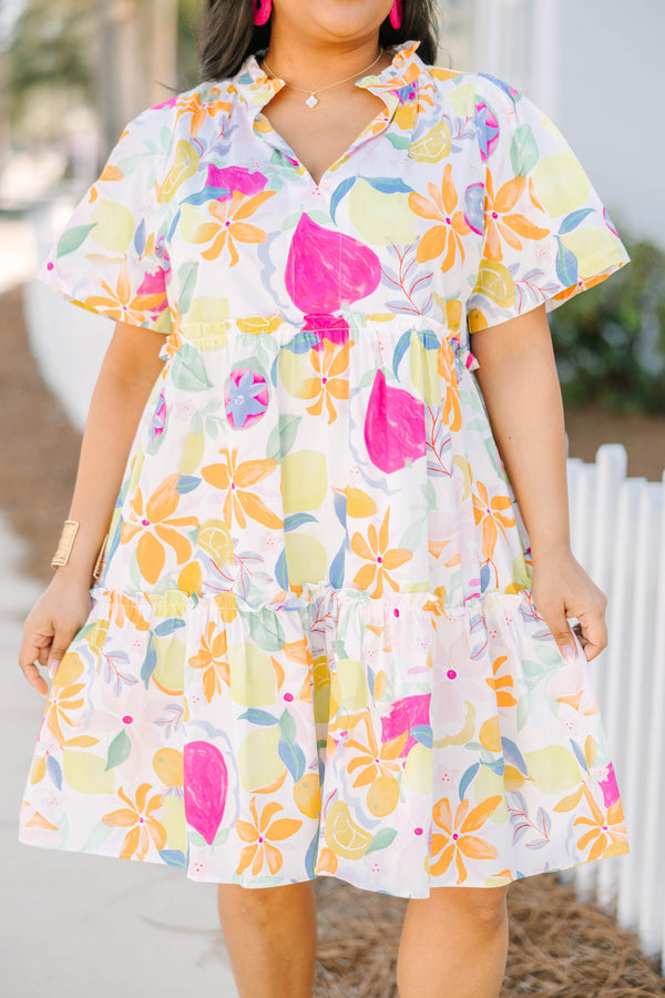 Chic Soul plus size clothing, short-sleeve fruit medley multi-colored ruffled short baby doll dress with a split-v-neckline and a multi-colored fruit pattern