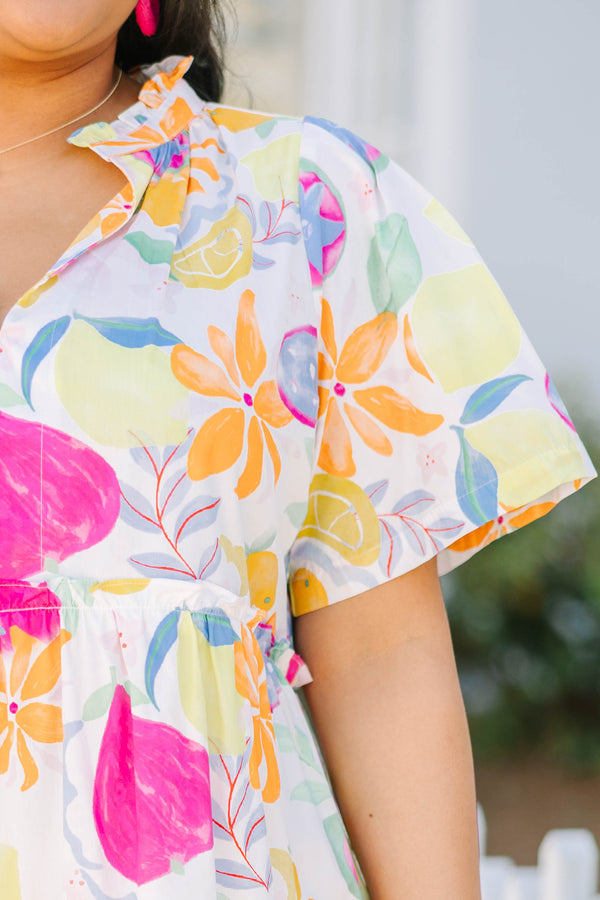 Chic Soul plus size clothing, short-sleeve fruit medley multi-colored ruffled short baby doll dress with a split-v-neckline and a multi-colored fruit pattern