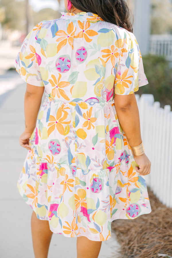 Chic Soul plus size clothing, short-sleeve fruit medley multi-colored ruffled short baby doll dress with a split-v-neckline and a multi-colored fruit pattern