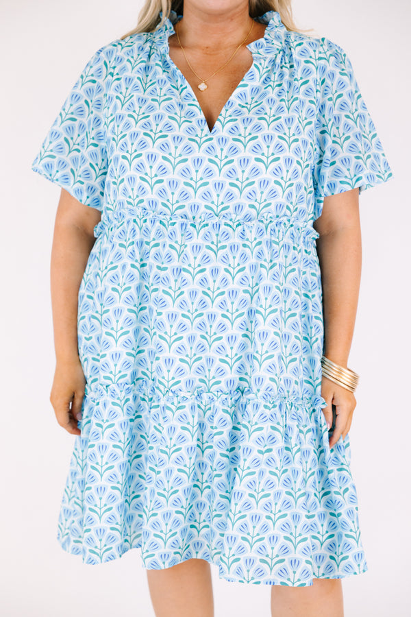 Chic Soul plus size clothing, light blue floral patterned short sleeve tiered baby doll dress with v neckline and ruffle detailing