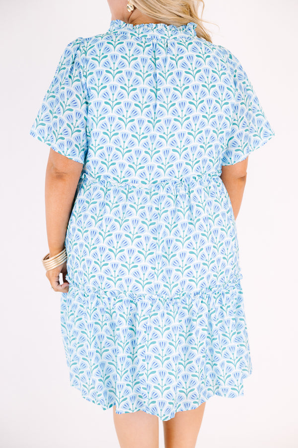 Chic Soul plus size clothing, light blue floral patterned short sleeve tiered baby doll dress with v neckline and ruffle detailing
