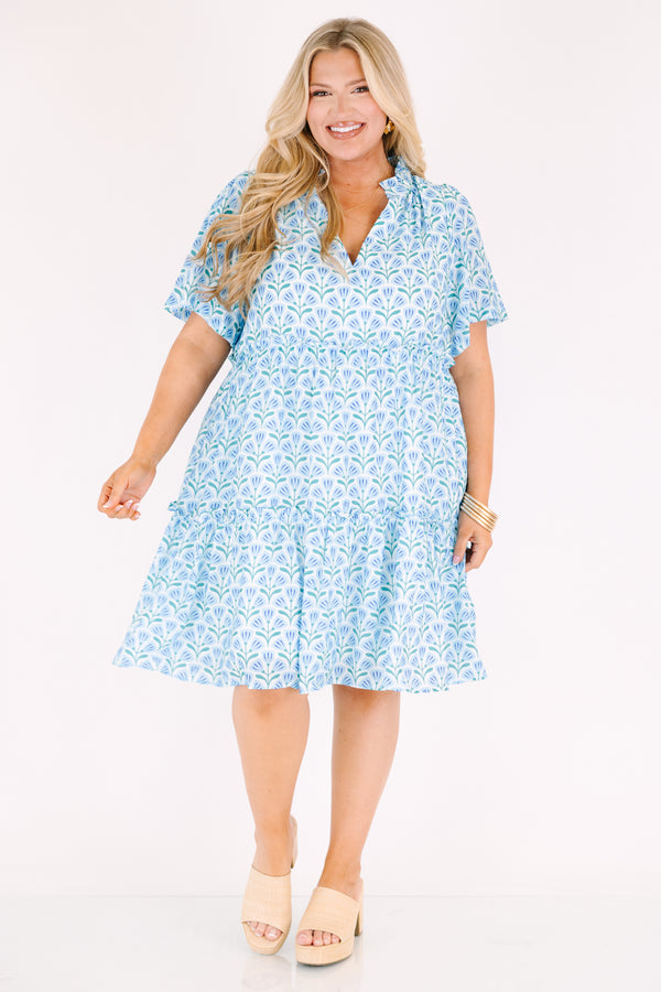 Chic Soul plus size clothing, light blue floral patterned short sleeve tiered baby doll dress with v neckline and ruffle detailing