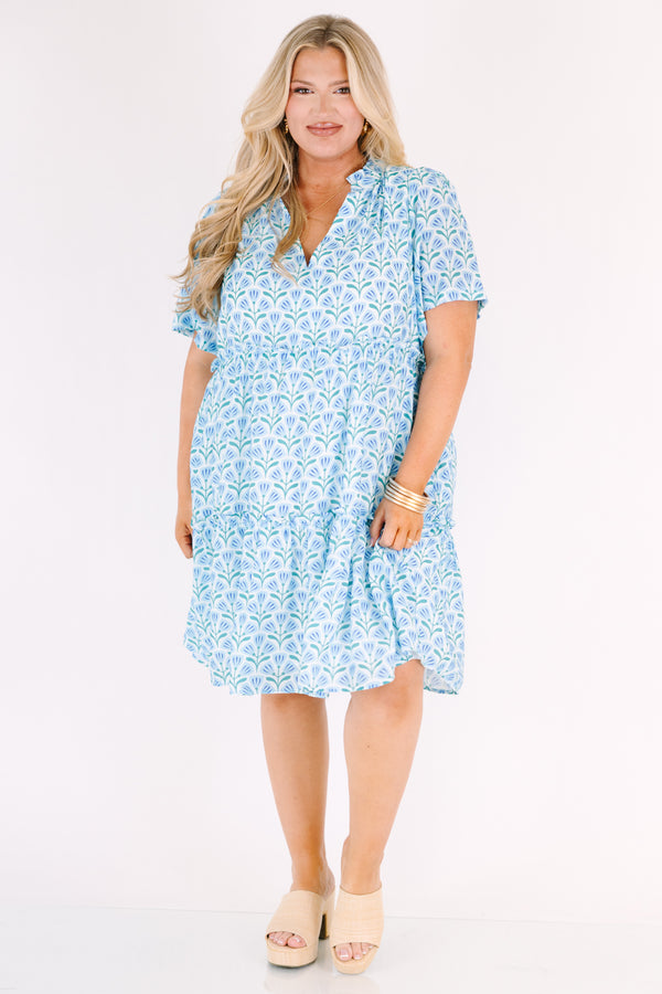 Chic Soul plus size clothing, light blue floral patterned short sleeve tiered baby doll dress with v neckline and ruffle detailing