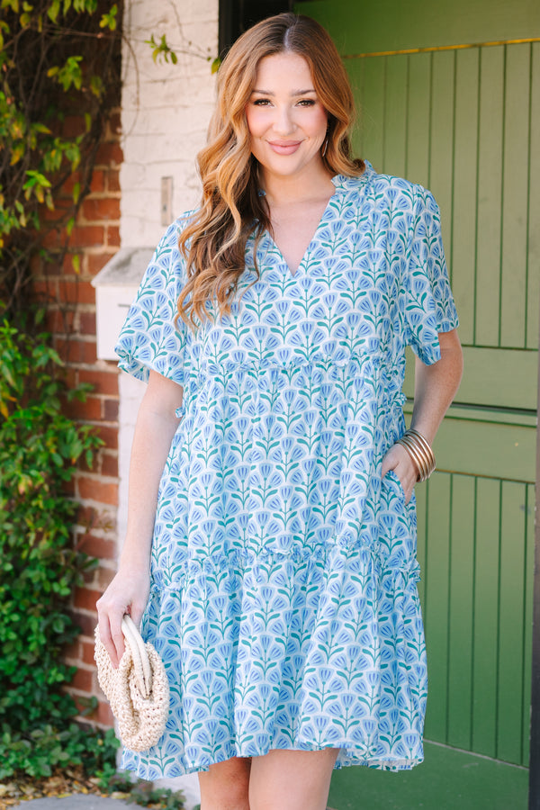Chic Soul plus size clothing, light blue floral patterned short sleeve tiered baby doll dress with v neckline and ruffle detailing