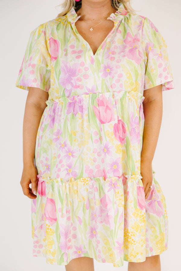 Chic Soul plus size clothing, multicolored pastel floral print short sleeve tiered baby doll dress with v neckline and ruffle collar