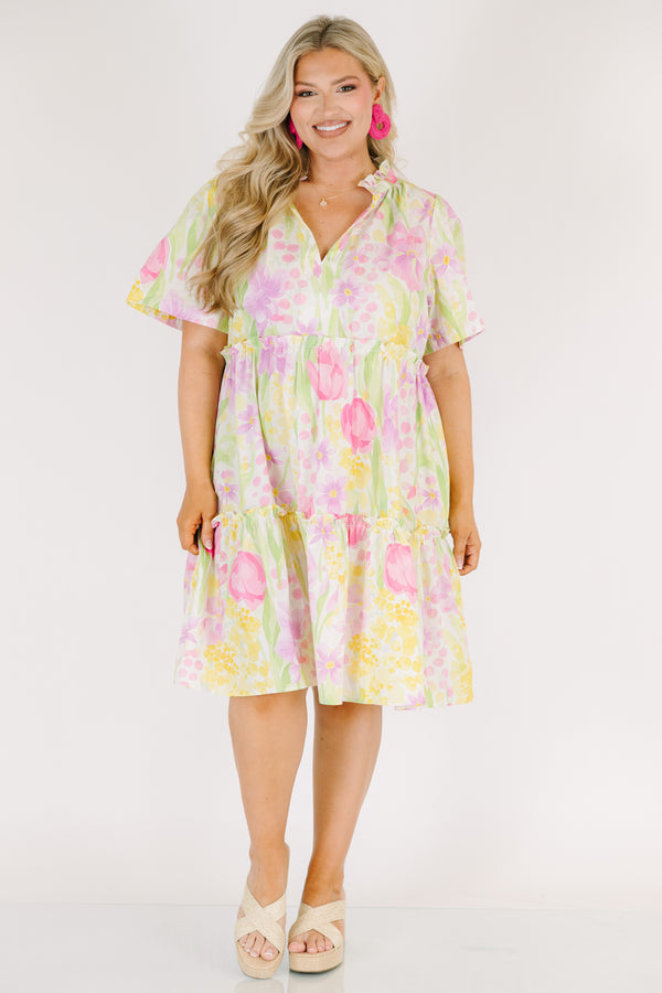 Chic Soul plus size clothing, multicolored pastel floral print short sleeve tiered baby doll dress with v neckline and ruffle collar