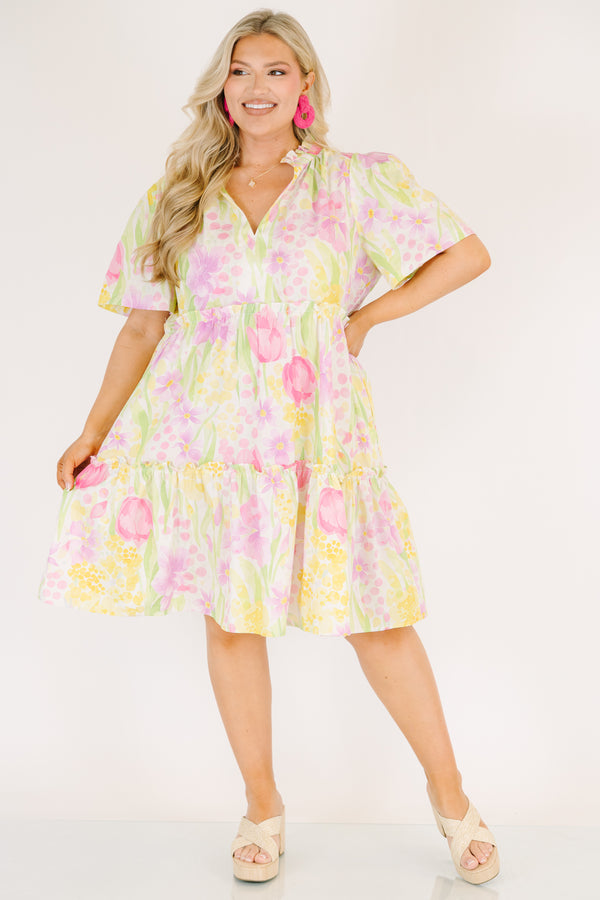 Chic Soul plus size clothing, multicolored pastel floral print short sleeve tiered baby doll dress with v neckline and ruffle collar