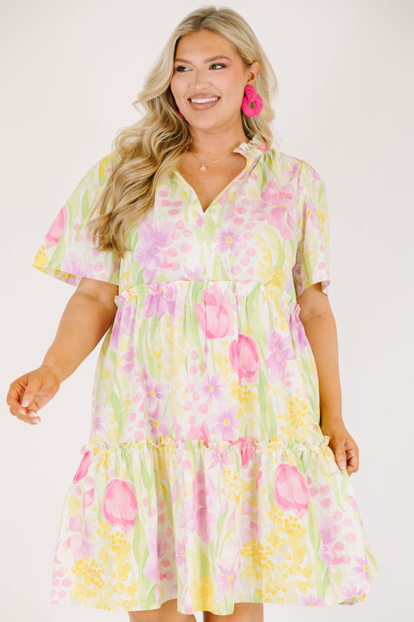 Chic Soul plus size clothing, multicolored pastel floral print short sleeve tiered baby doll dress with v neckline and ruffle collar