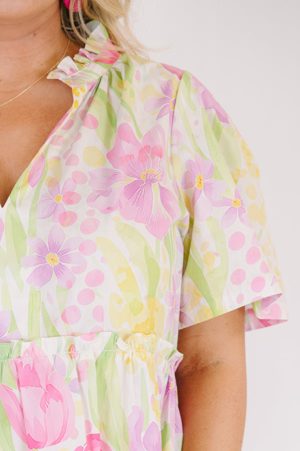 Chic Soul plus size clothing, multicolored pastel floral print short sleeve tiered baby doll dress with v neckline and ruffle collar