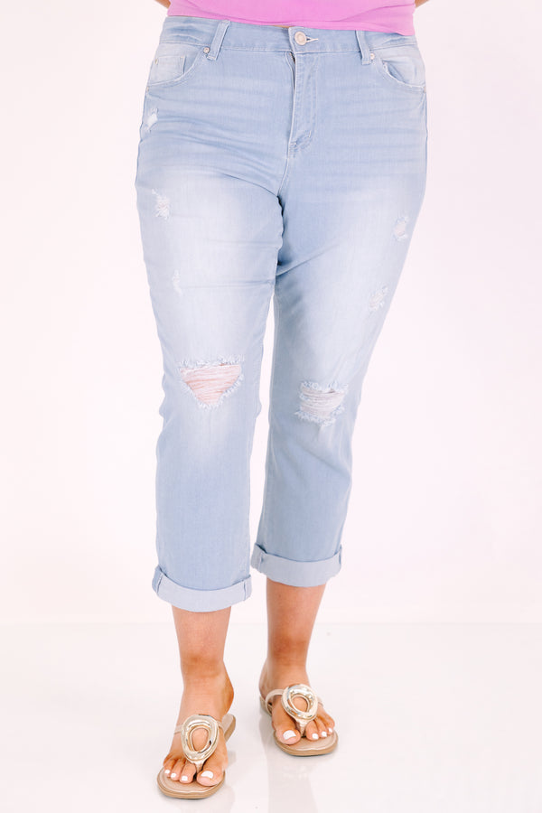 Chic soul plus size clothing, light wash capris with distressed knees and rolled hemline