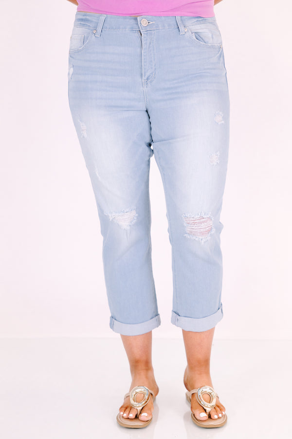 Chic soul plus size clothing, light wash capris with distressed knees and rolled hemline