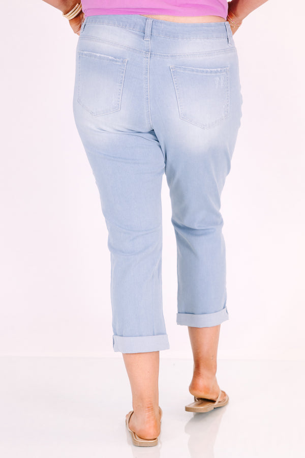 Chic soul plus size clothing, light wash capris with distressed knees and rolled hemline