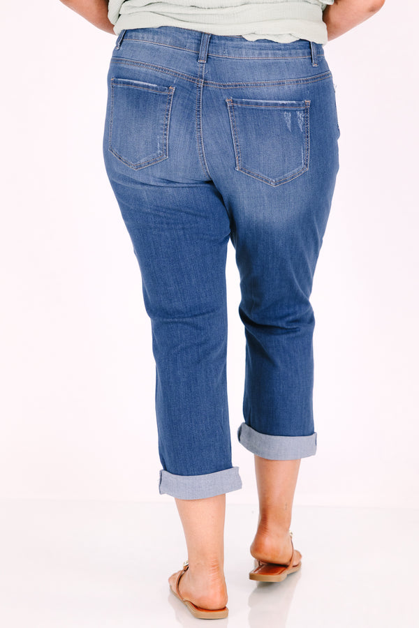 Chic Soul plus size clothing, medium wash denim capris with cuffed hems and subtle distressing.