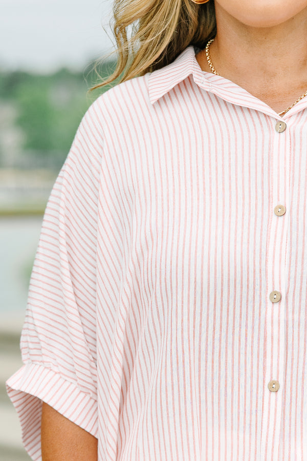 Plus Size relaxed coral and white striped button-up top with dolman sleeve.