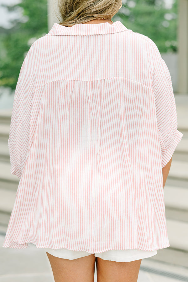 Plus Size relaxed coral and white striped button-up top with dolman sleeve.