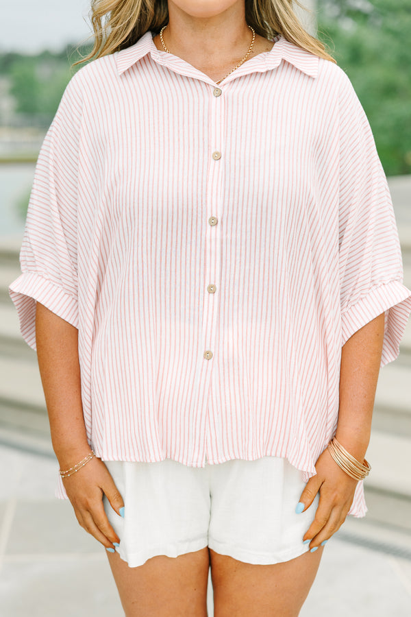 Plus Size relaxed coral and white striped button-up top with dolman sleeve.