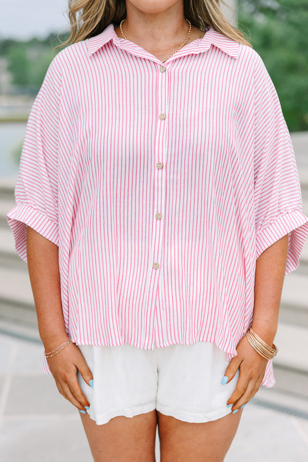 Chic soul plus size clothing, Relaxed red and white striped button-up top with dolman sleeves and a flowing silhouette.