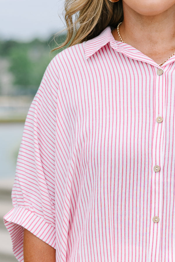 Chic soul plus size clothing, Relaxed red and white striped button-up top with dolman sleeves and a flowing silhouette.