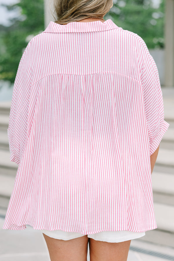 Chic soul plus size clothing, Relaxed red and white striped button-up top with dolman sleeves and a flowing silhouette.
