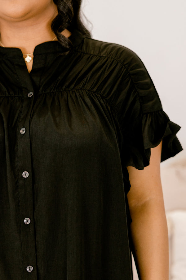 Chic Soul plus size clothing, black short sleeve button down top with cinching across top of the chest and flutter edges on sleeves