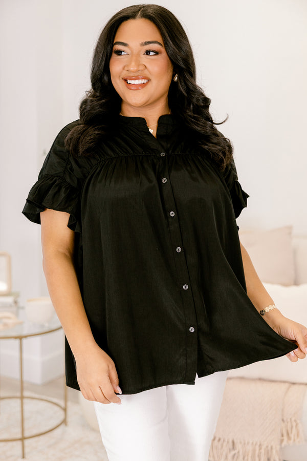 Chic Soul plus size clothing, black short sleeve button down top with cinching across top of the chest and flutter edges on sleeves