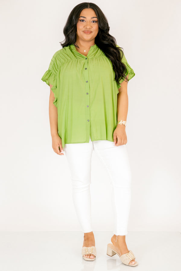 Chic Soul plus size clothing, green top with flutter sleeves and  buttons going down the center of the top as well a sinched detailing on the shoulder area of the top
