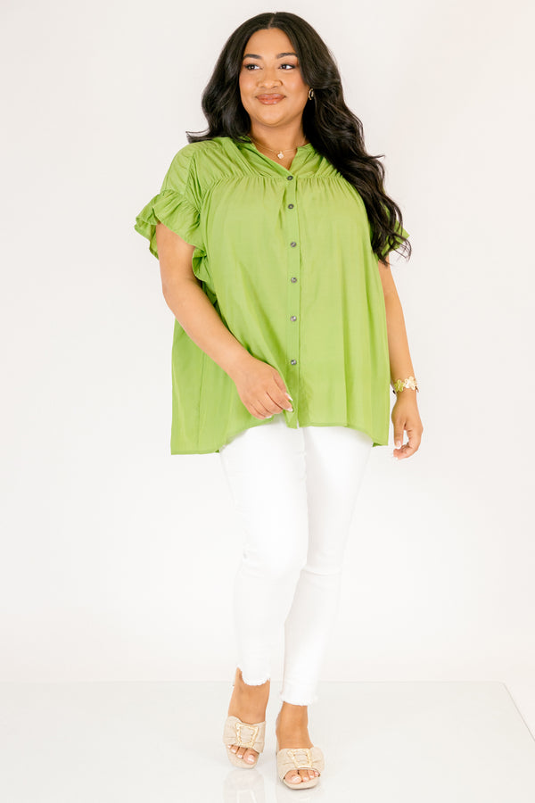 Chic Soul plus size clothing, green top with flutter sleeves and  buttons going down the center of the top as well a sinched detailing on the shoulder area of the top