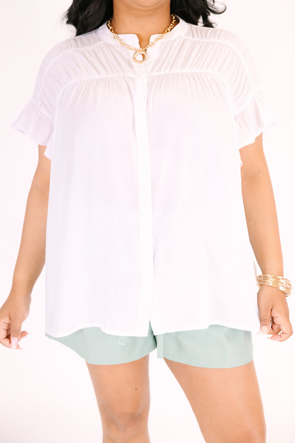 Chic Soul plus size clothing, short-sleeve ruffled white top with a buttoned v-neckline with button detailing