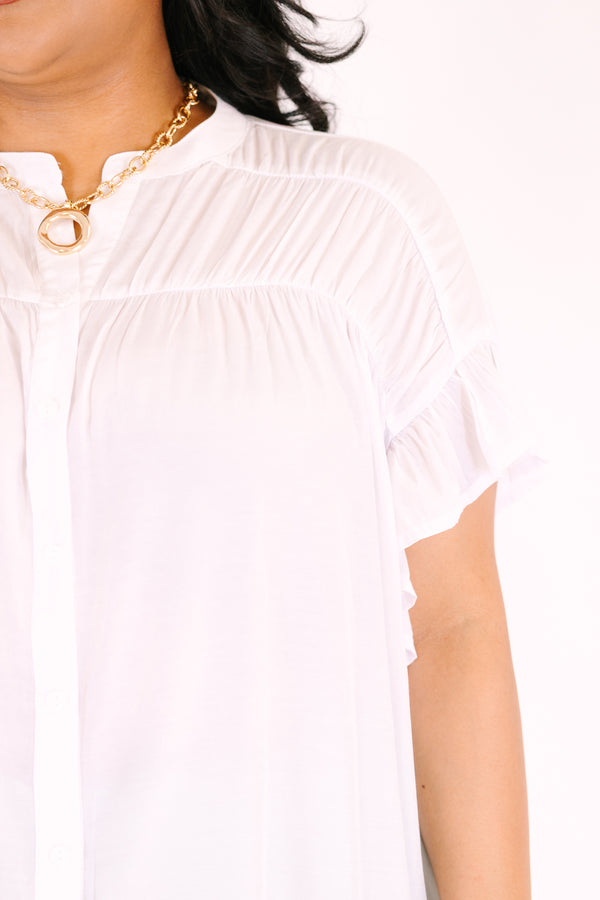Chic Soul plus size clothing, short-sleeve ruffled white top with a buttoned v-neckline with button detailing