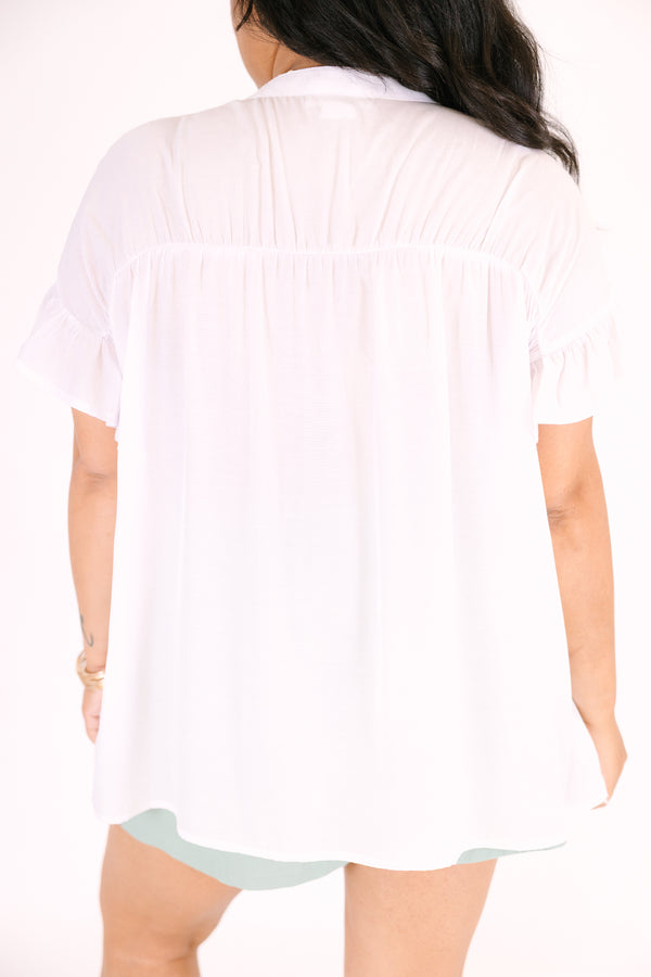 Chic Soul plus size clothing, short-sleeve ruffled white top with a buttoned v-neckline with button detailing